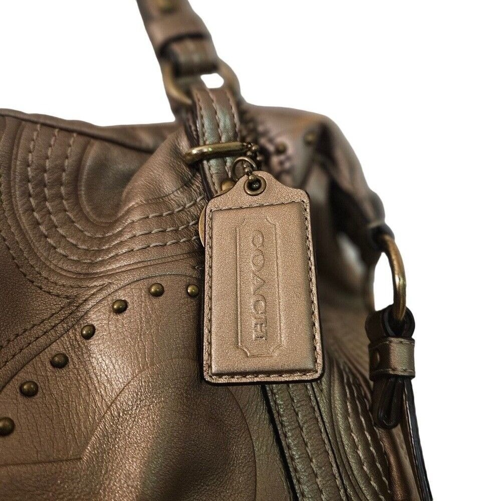 Coach Bronze Metal Embossed Studded Leather Alex Satchel Bag + FREE Bag Charm 🎁 - Picture 6 of 11